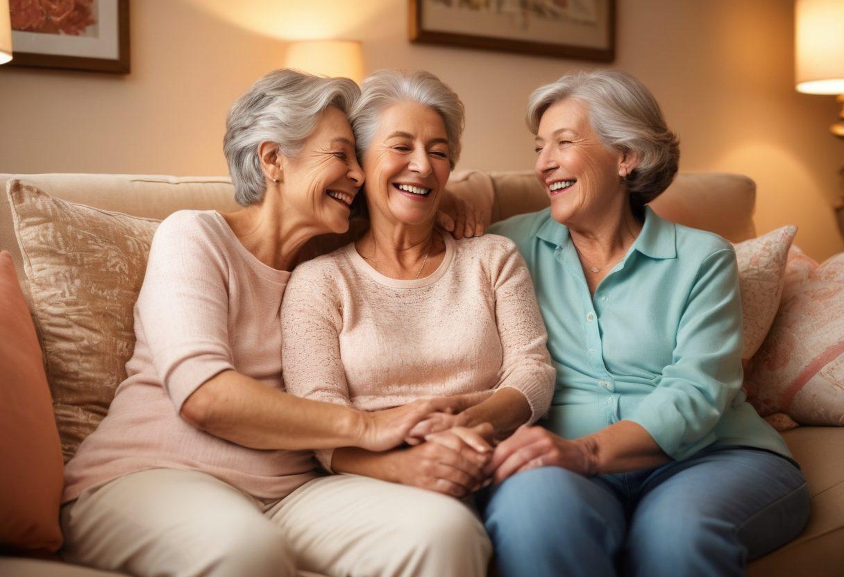 A warm and inviting scene depicting an older couple sitting close together on a cozy sofa, surrounded by soft lighting and decorative pillows. They share a tender moment, perhaps holding hands or laughing together, showcasing joy and intimacy in a relaxed setting. Incorporate elements symbolizing love and connection, like a heart motif or a framed photo in the background. Captured in soft pastel colors to evoke warmth and comfort. super-realistic. vibrant colors. warm lighting.