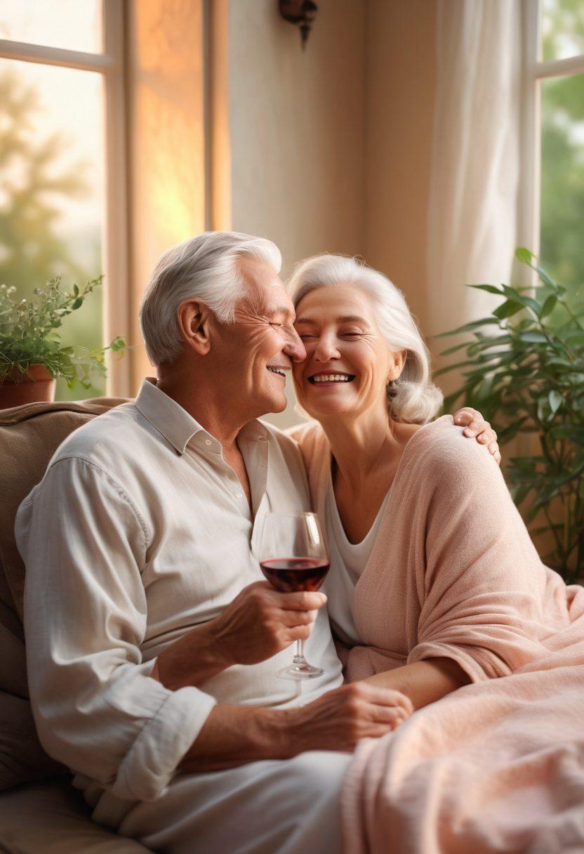 A warm and inviting scene depicting an older couple enjoying an intimate moment, surrounded by soft candlelight and lush greenery. The couple is laughing, sharing a glass of wine, showcasing genuine connection and affection. Incorporate elements like cozy blankets and a sunset background to convey comfort and warmth. The color palette should be soft pastels, evoking feelings of love and reassurance. painting. soft colors. 3D.