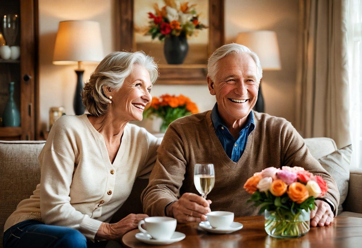 An inspirational and warm scene depicting a joyful couple in their 60s, comfortably seated in a cozy living room, sharing intimate laughter and leaning close to each other, surrounded by soft lighting and modern decor. On a nearby table, a vase with fresh flowers symbolizes love and vitality. The atmosphere should evoke feelings of connection, romance, and positivity about aging gracefully. super-realistic. warm colors. cozy ambiance.